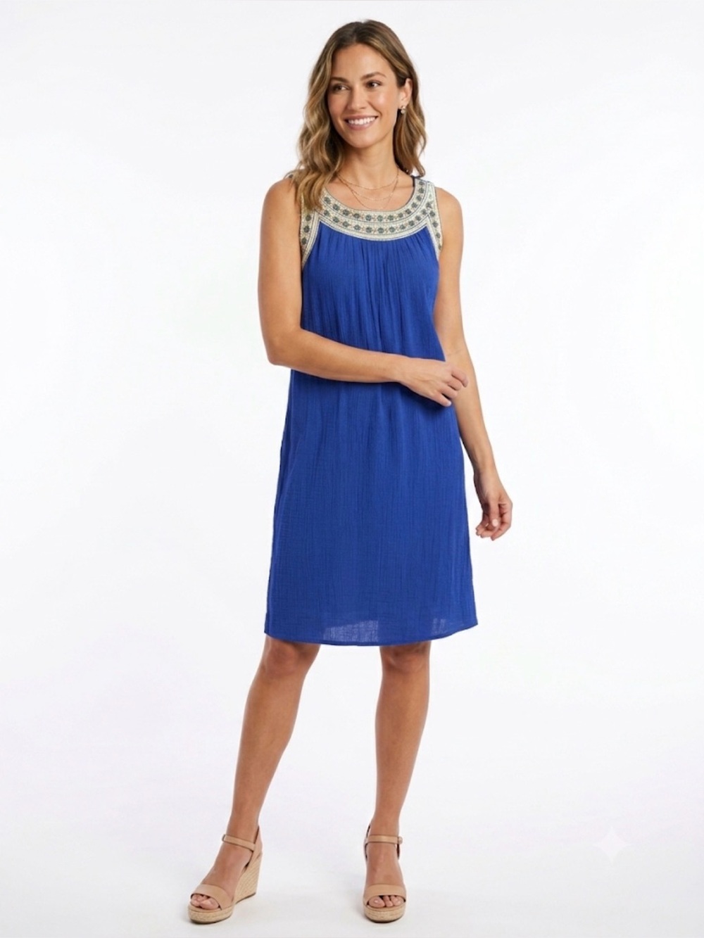 Luxology Royal Blue Embroidered Sleeveless Shift Dress Size Large Boho